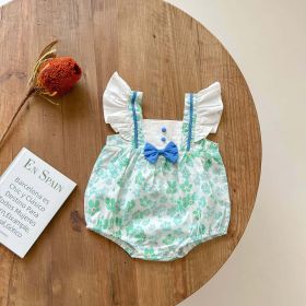 Baby Girls Floral Print Ruffle Design Square-Neck Onesies With Bow Tie (Size/Age: 90 (12-24M), Color: Green)
