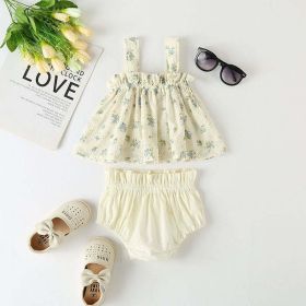 Baby Girl Floral Print Pattern Sleeveless Tops Combo Shorts Sets In Summer (Size/Age: 80 (9-12M), Color: Blue)