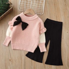 Baby Solid Color Bow Patched Sweater With Pants Sets (Size/Age: 130 (7-8Y), Color: pink)