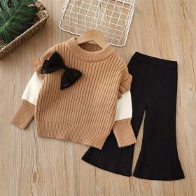 Baby Solid Color Bow Patched Sweater With Pants Sets (Size/Age: 110 (3-5Y), Color: Coffee)