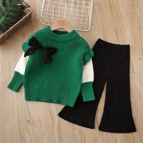 Baby Solid Color Bow Patched Sweater With Pants Sets (Size/Age: 100 (2-3Y), Color: Green)