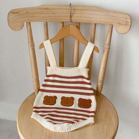 Baby Striped Pattern Cartoon Bear Patched Design Onesies With Cardigan (Size/Age: 80 (9-12M), Color: Apricot)