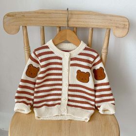 Baby Striped Pattern Cartoon Bear Patched Design Onesies With Cardigan (Size/Age: 80 (9-12M), Color: brown)
