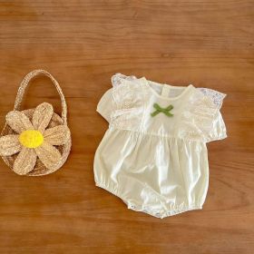 Baby Girls Solid Color Lace Patchwork Design Puff Sleeved Onesies With Bow Decoration (Size/Age: 90 (12-24M), Color: White)