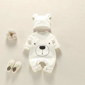 Baby Girl Bear Print Pattern Solid Color Long-Sleeved Rompers With Hat In Spring & Autumn (Size/Age: 73 (6-9M), Color: White)