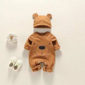 Baby Girl Bear Print Pattern Solid Color Long-Sleeved Rompers With Hat In Spring & Autumn (Size/Age: 73 (6-9M), Color: brown)