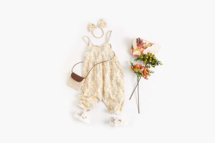 Baby Girl Floral Print Pattern Backless Design Sleeveless Rompers With Handband (Size/Age: 66 (3-6M), Color: Apricot)