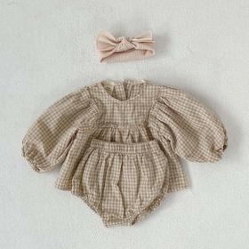 Baby Girl Plaid Pattern Loose Blouses WIth Shorts Headband 3 Pieces Sets (Size/Age: 90 (12-24M), Color: Apricot)