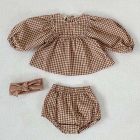Baby Girl Plaid Pattern Loose Blouses WIth Shorts Headband 3 Pieces Sets (Size/Age: 80 (9-12M), Color: brown)