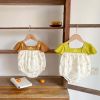 Baby Girl Floral Print Embroidered Design Square Collar Ruffle Sleeved Onesies