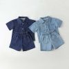 Baby Solid Color Butoon Front Denim Shirt Combo Shorts Sets In Summer